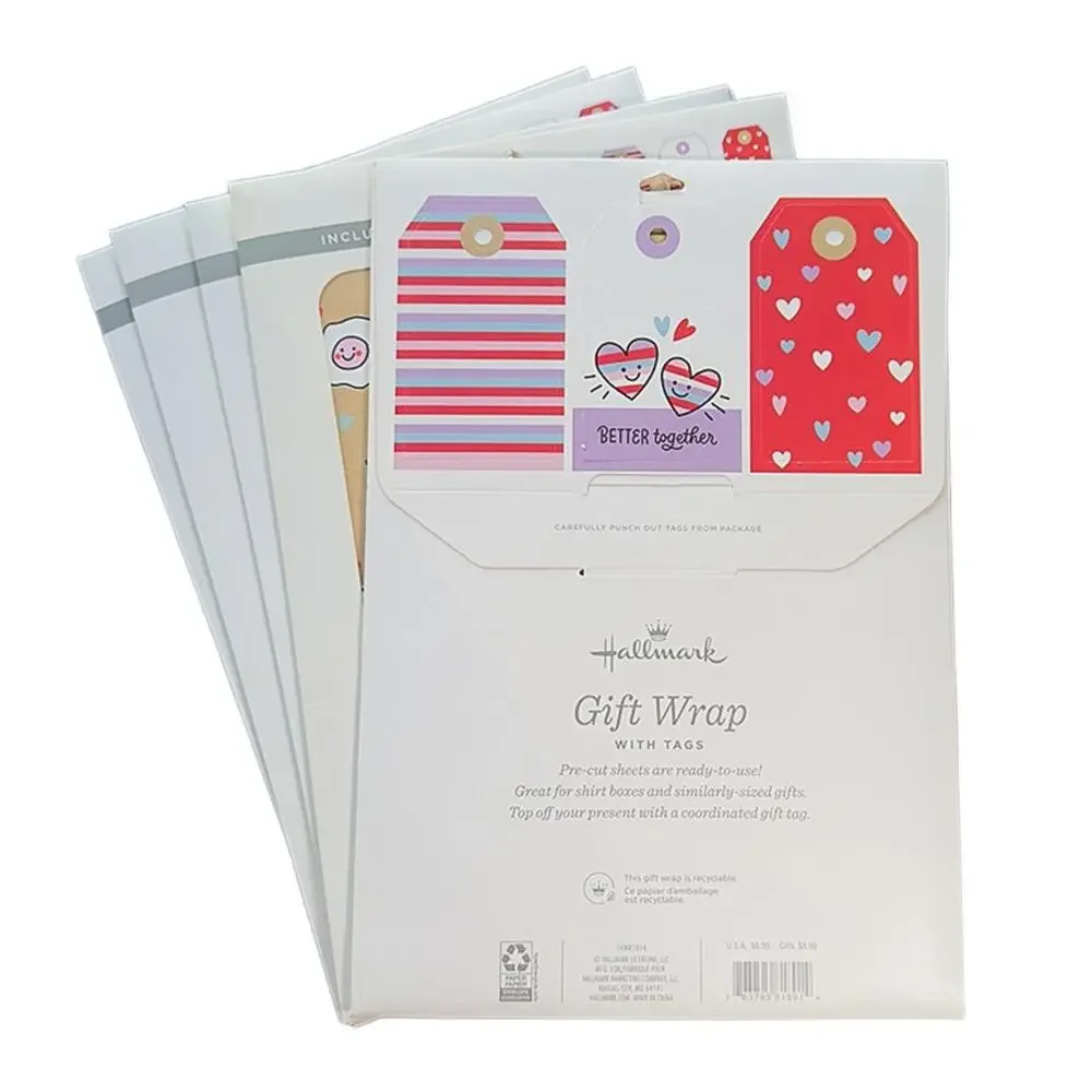 Hallmark Valentines Day 5-Pack Gift Wrap Sheets/Tags Better Together New